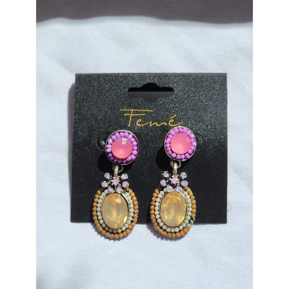 Sabyasachi Inspired Natural Carved Stone Dangle Earrings Pink Yellow Beaded